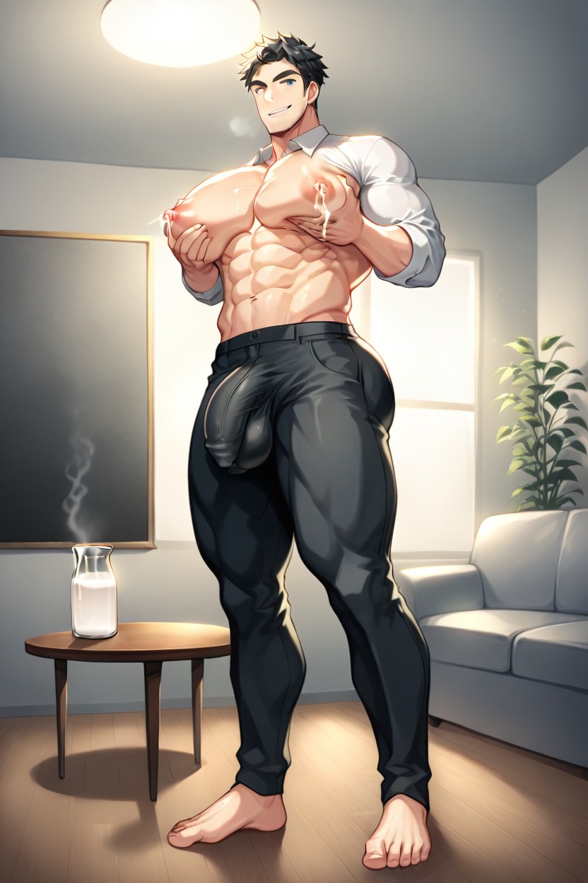 Pale Skin, Grinning, Woman's Boobs On His Chest AI Gay Porn