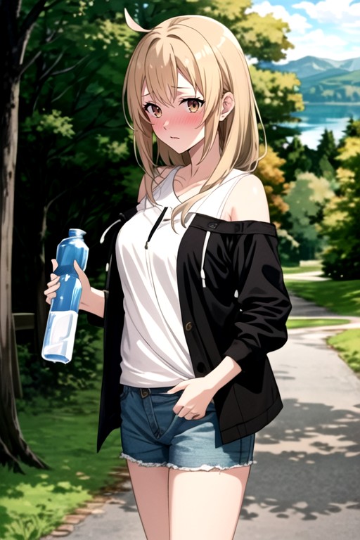 A Girl With Brown Hair Holds A Bottle Of Water In Her Hand, 18, Gray Tones Predominate Hentai AI Porn