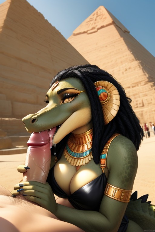A Faceless Man, A Crocodile Anthro Does Blowjob, Cleavage Furry AI Porn