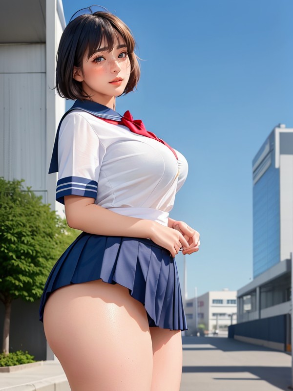 Oily Skin, Dark Blue Skirt, Thick Thighs Asian AI Porn