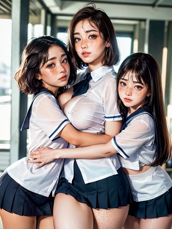 Big Smile, Ultra Detailed School Uniform, Two Girls Hugging Asian AI Porn