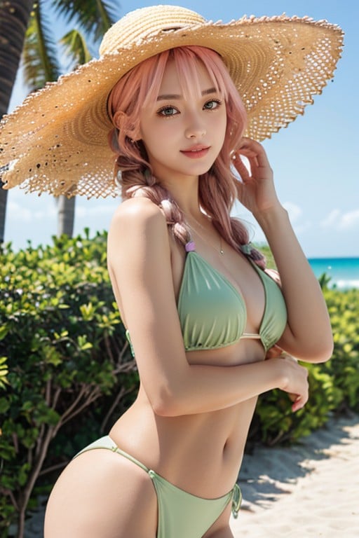 Pink Hair, Pink Eyebrows, Smiling Asiatischer KI Porno