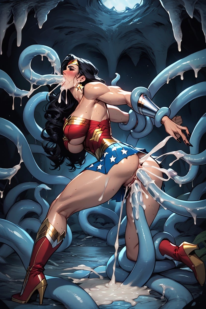 Long Black Curly Messy Hair, Tentacle Swarm In Dark Cave Setting, Anal Cum Gush Creampie Hentai AI Porn