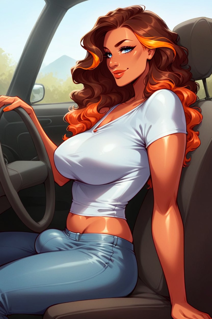 Medium Breasts, Car In Motion, Big Lips Hentai AI Porn