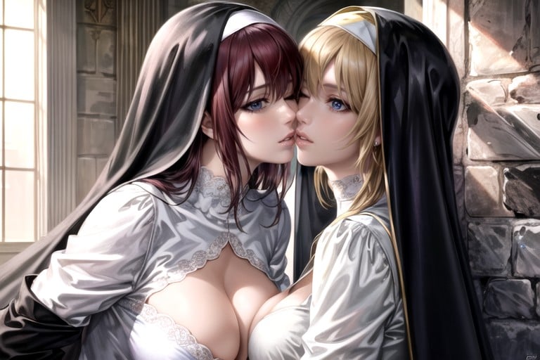 Petite Poitrine, 2 Personnes, Embrasser (lesbiennes)Porno IA Hentai