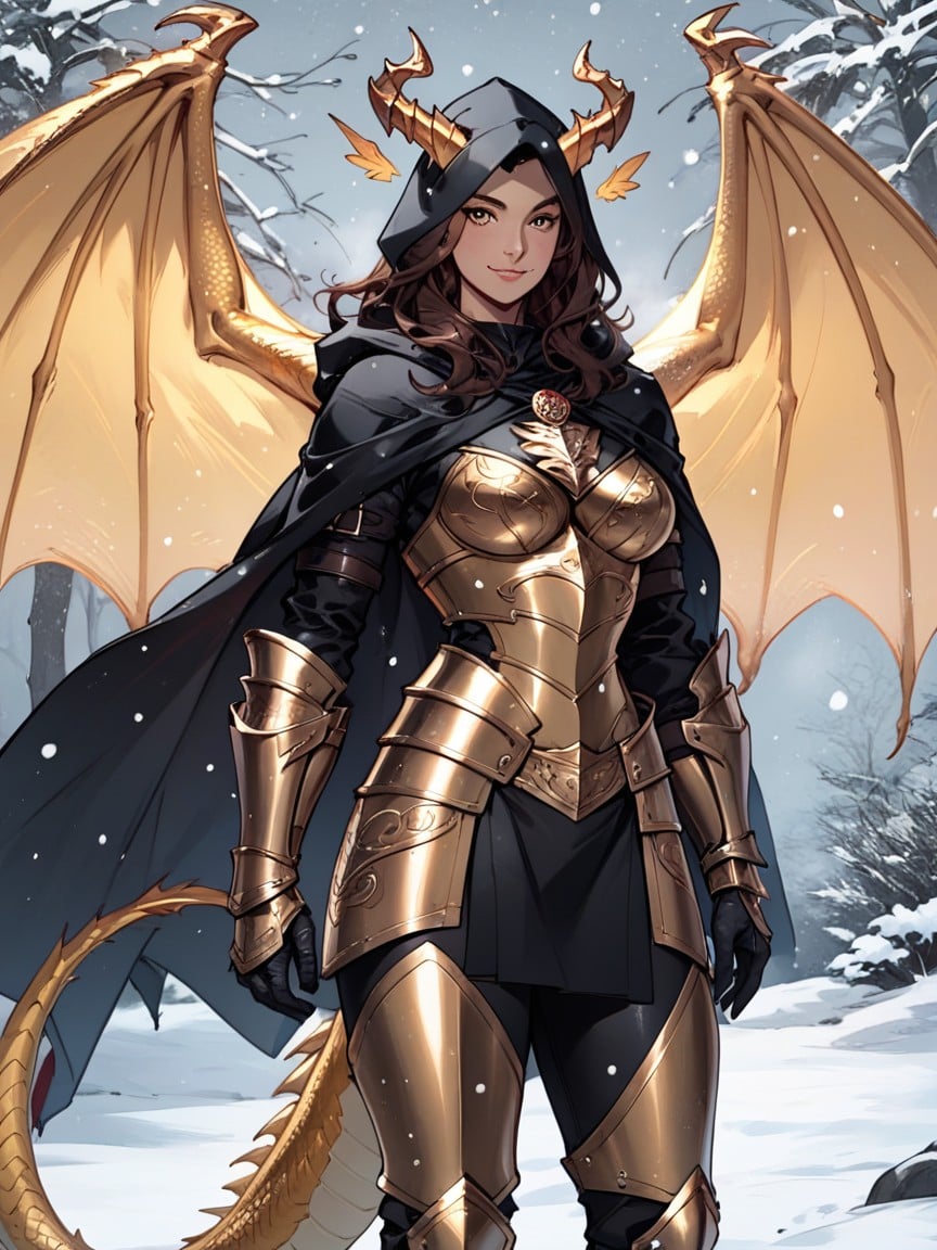 Golden Dragon Wings, Black Hooded Cape, Snow AI Porn
