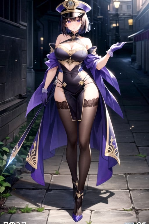 Police Hat, Purples Long Gloves, Full BodyPorno AI