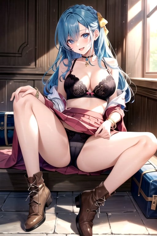 Lifting Skirt, Sitting Down Legs Spread, Light Blue Hair Hentai AI Porn