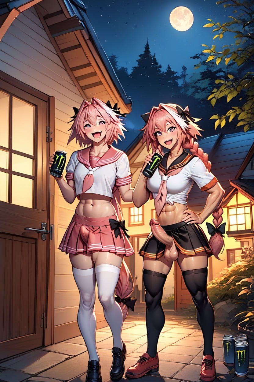 Night, Big Muscular Man Giving Astolfo Monster Energy Can, Astolfo Furry AI Porn
