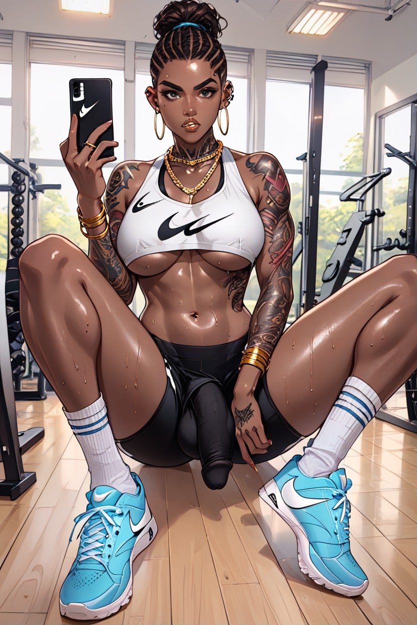Erect Cock, Cellphone In Hand, African Shemale AI Porn