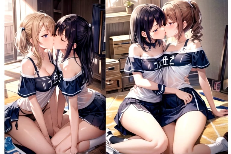 Off-shoulder, 2 People, Girls Kissing AI Porn