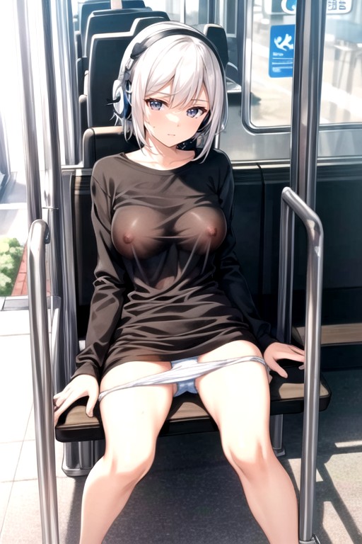 Sitting Down Legs Spread, White Hair, Wet T-shirt Hentai AI Porn