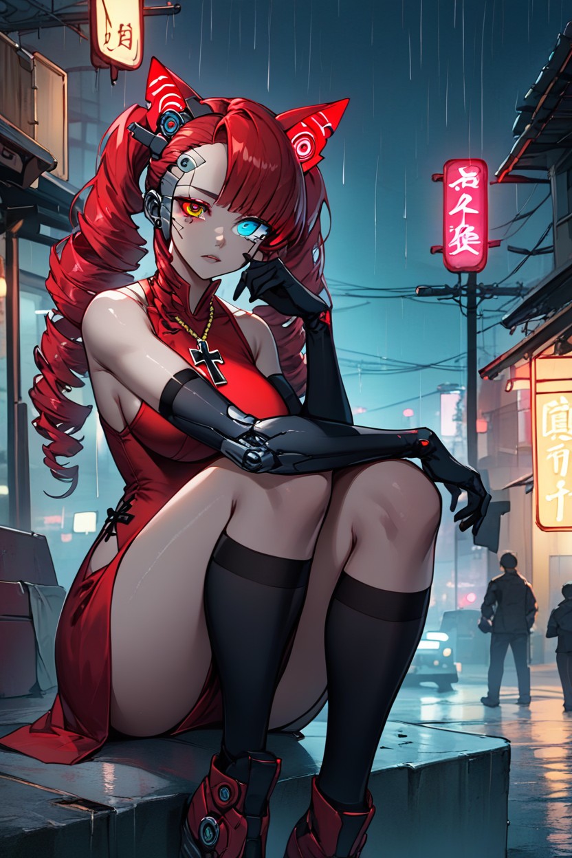 Red Short Chinese Dress, Sleeveless, Female Cyberpunk As Stella Hoshiiheterochromia Right Eye Red Left Eye CyberneticPorno IA