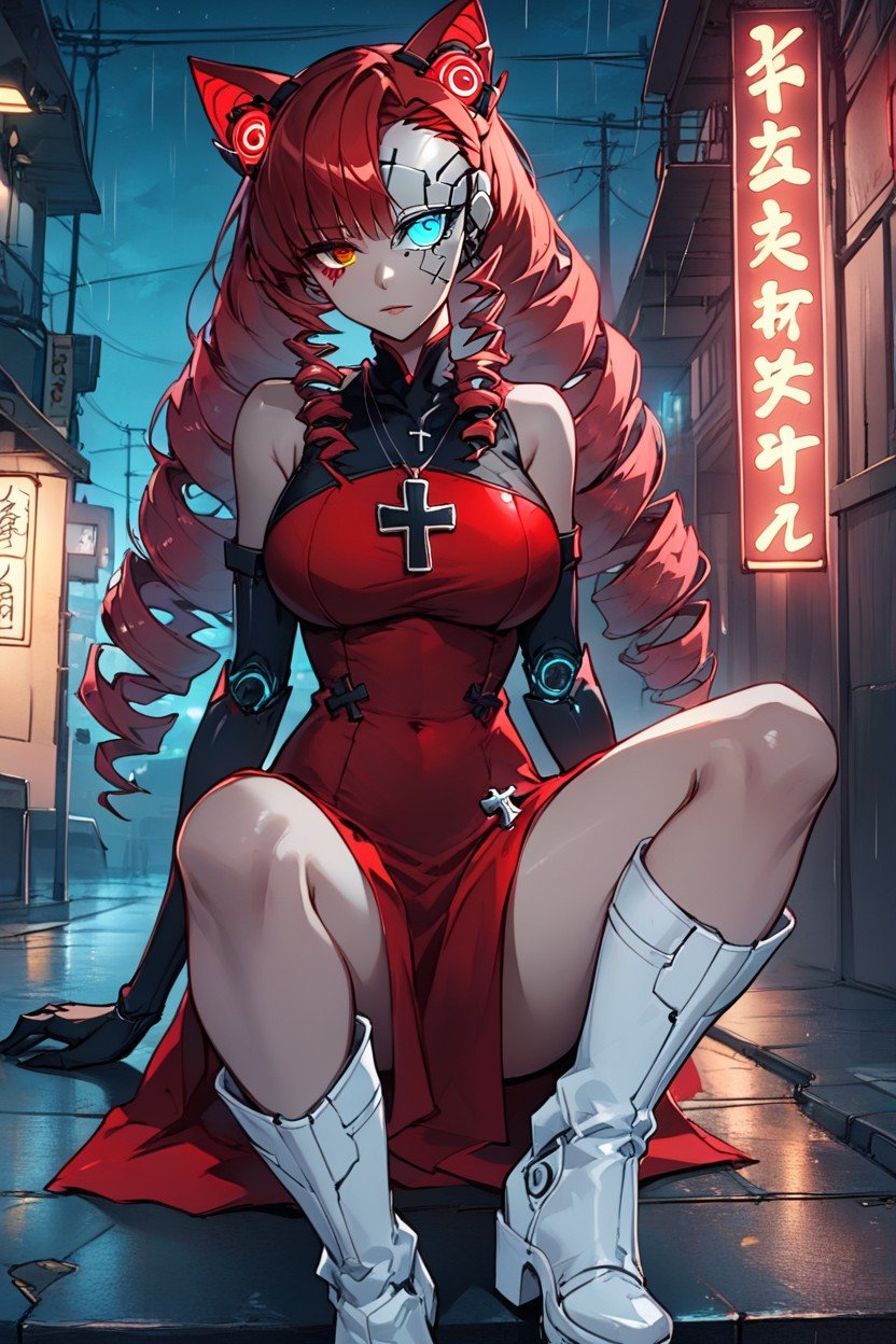 Female Cyberpunk As Stella Hoshiiheterochromia Right Eye Red Left Eye Cybernetic, Red Short Chinese Dress, High Over Knee Socks헨타이 AI 포르노