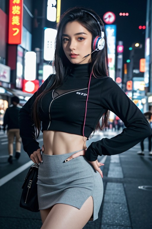 Headphones, Cyberpunk Hacker, Asian City AI Porn