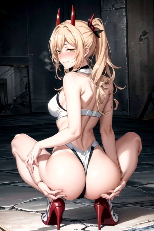 Mischievous (smiling While Blushing), Supporting Ass, Squatting AI Porn