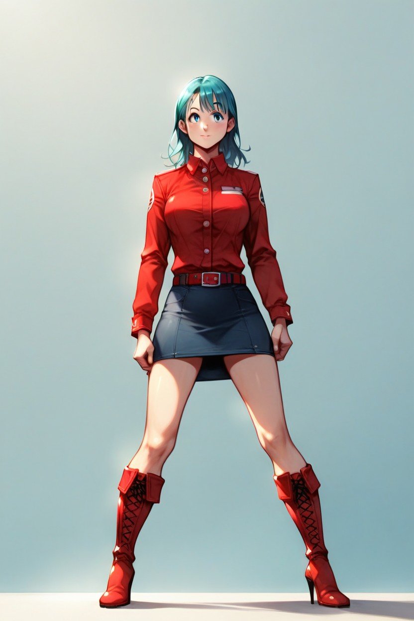 Bulma She Wears A Red Top, A Belt And A Short Red Skirt She Has Long Red Knee High Boots With A Heel, Full Body AI Porn