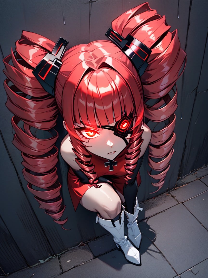 Glowing Red Eyes, Large Drill Pigtails, Black Shoelaces AI Porn