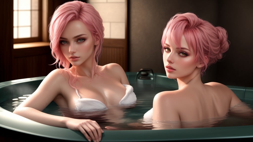 Cabelo Rosa, Roupão De Banho, Peito Pequeno Pornografia de IA