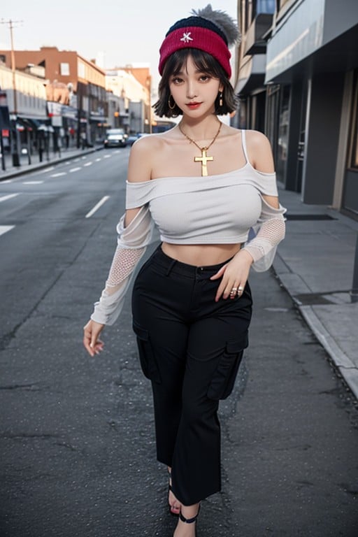 Street, Low Rise Women's Black Cargo Wide Pants, Looking At Viewer Asian AI Porn