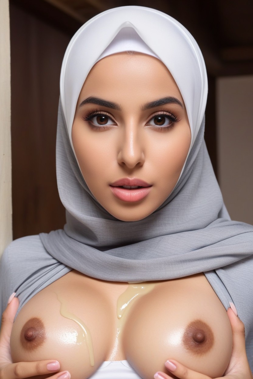 Thick Arabic Woman With Hijab, Round Natural Breasts, Lifting Shirt Pornografia de IA