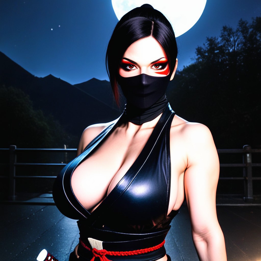 Ninja Face Mask, Carring Japanese Sword Katana, Under The Shade Pornografia de IA
