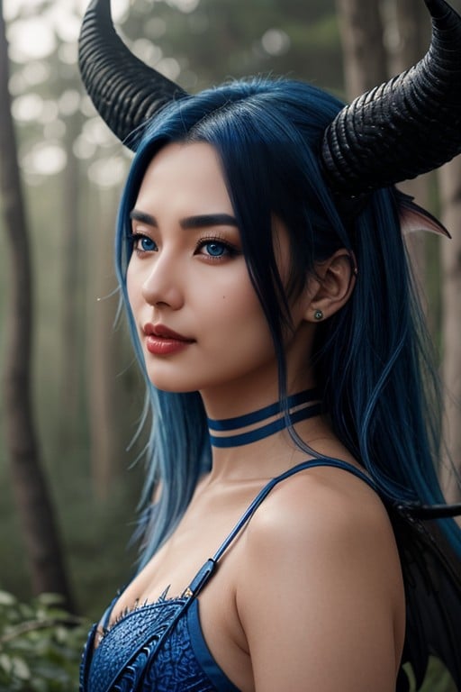 Asian Gril With Long Horns And Blue Eyes And Blue Hair With Demon Wings And Tail And Septum In Nose Pornografia de IA