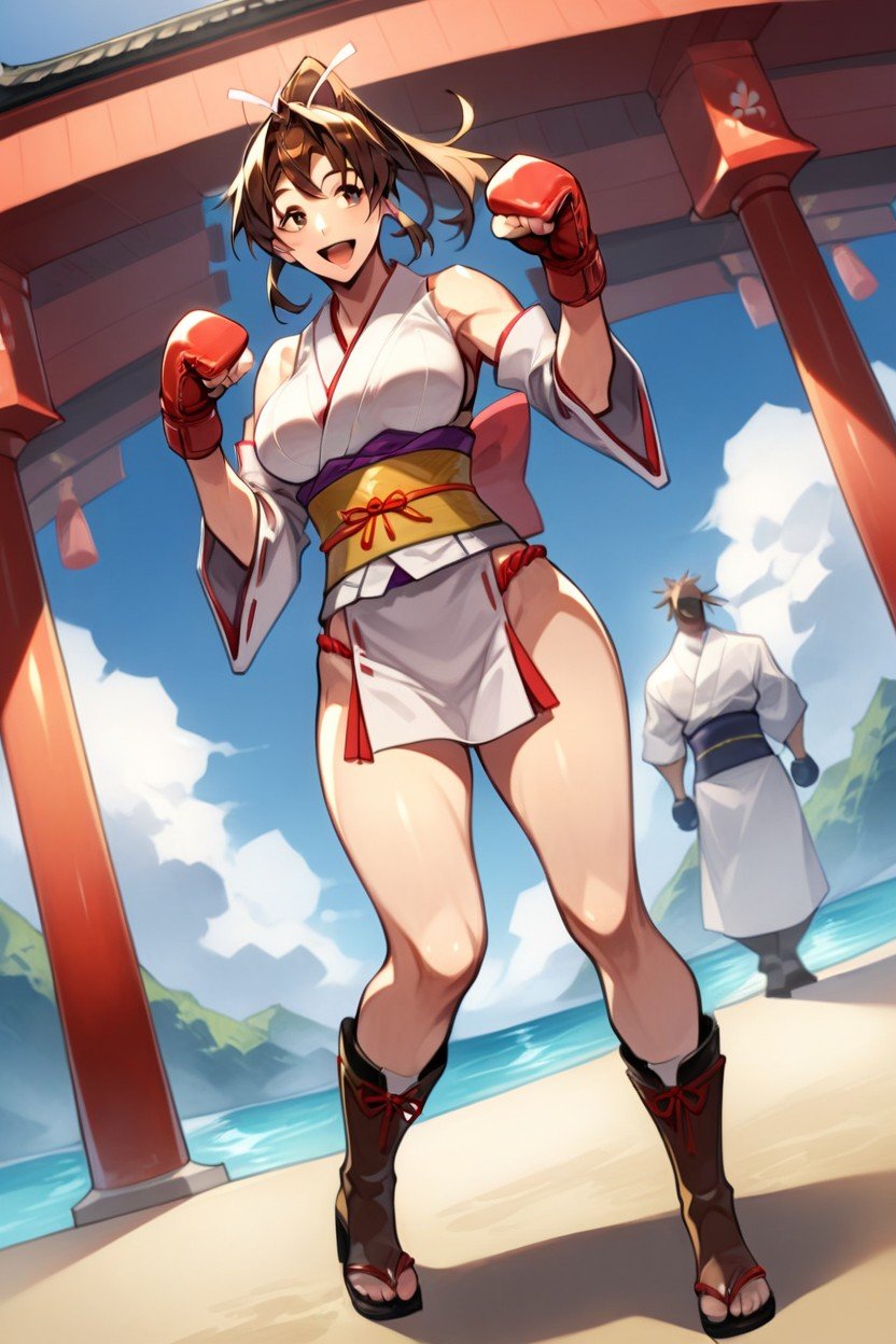 White Shrine Maiden Outfit, 포니테일, 갈색AI 포르노