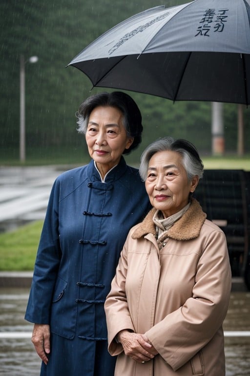 アジア人女性, 60+, 雨が降っているAIポルノ