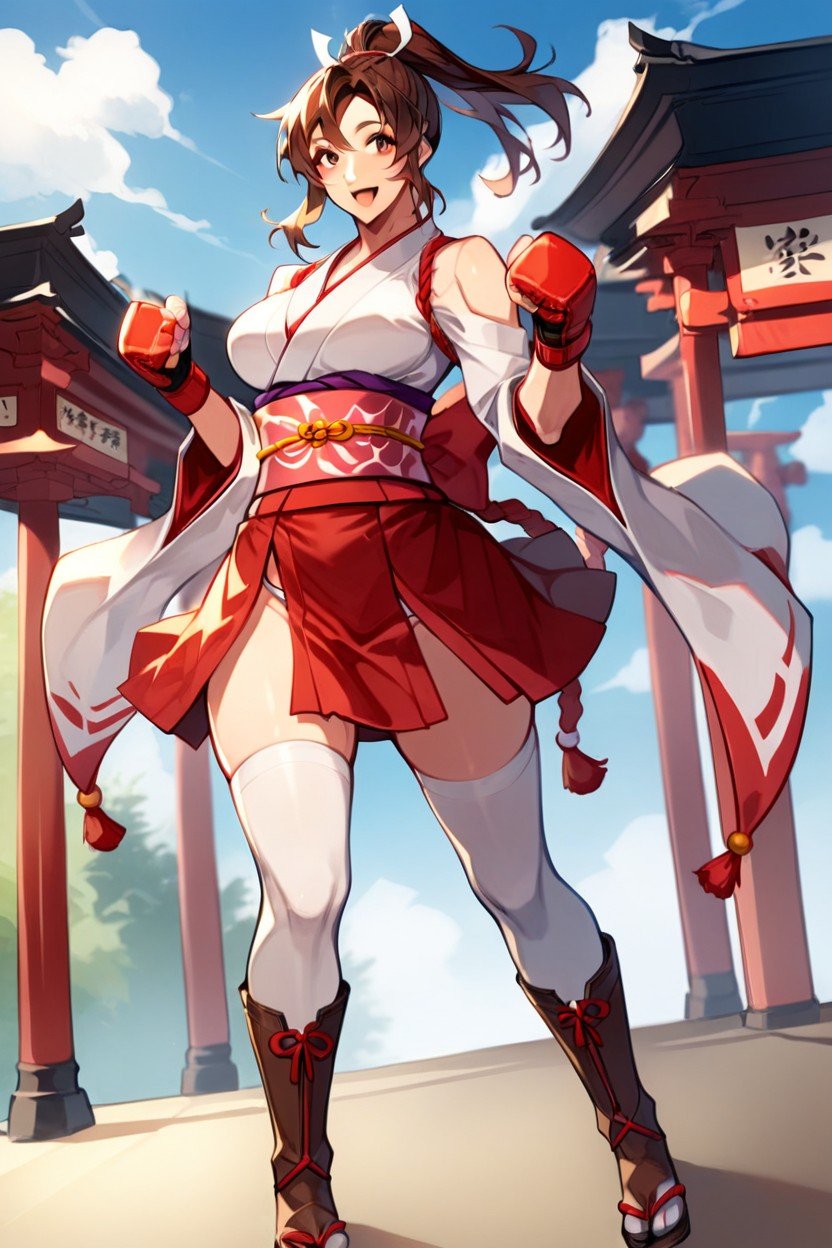 Brown Eyes, Red Fingerless Boxing Gloves, White Shrine Maiden Outfit AI Porn