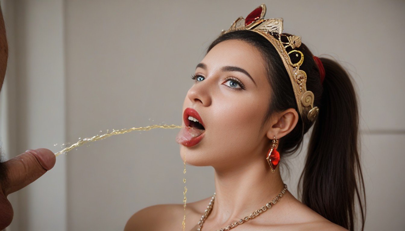 Wide Open Mouth, Golden Gemstone Headcrown, Piss From PenisPorno AI