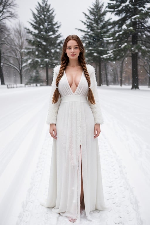 18, フルボディ, White Girl With Long Red Braided Hair Large Breasts In A Fur Floor Length Topless Dress In A White Snow Environment With Snow FallingAIポルノ