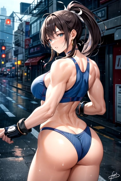 Her Muscular Back And Toned Abs On Full Display Her Hair Is Tied Up In A High Ponytail, With Neon Lights Reflecting Off The Rain-slicked Streets, Electric Blue Sports Bra And Matching ThongAI黃片