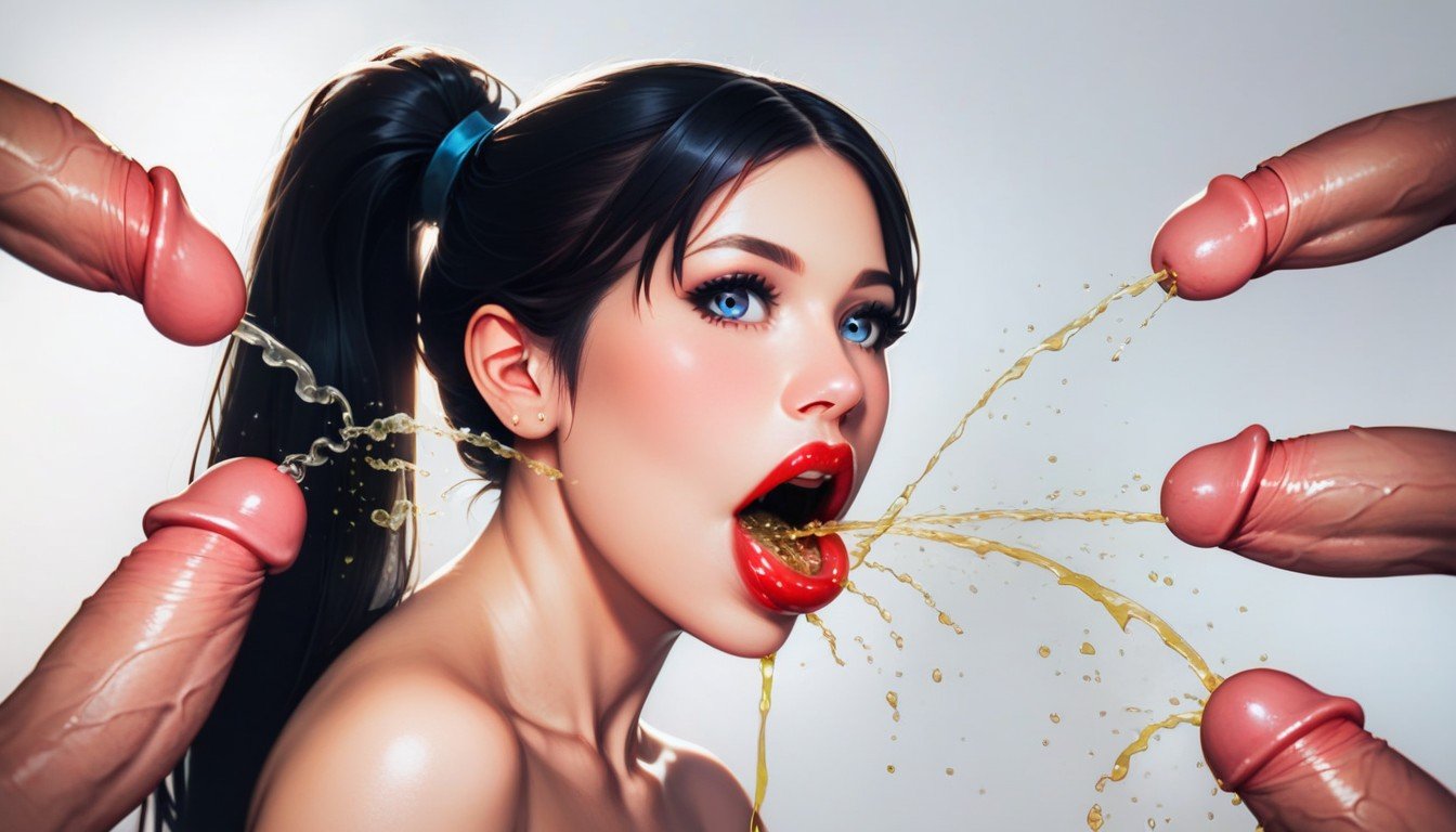 Two Dicks Pissing Into Big Mouth, Mouth Agape, Rounded Ass AI Porn