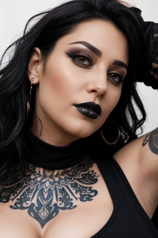 And Wavy Styled Hair, Pechos Medianos, Heavy Goth Makeup And PiercingsPorno AI