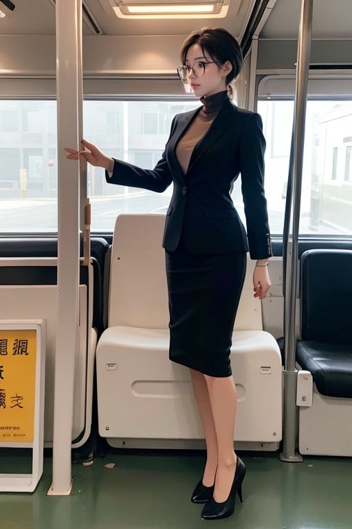 Ônibus, Wear Black Suit Skirt, Corpo Todo Pornografia de IA