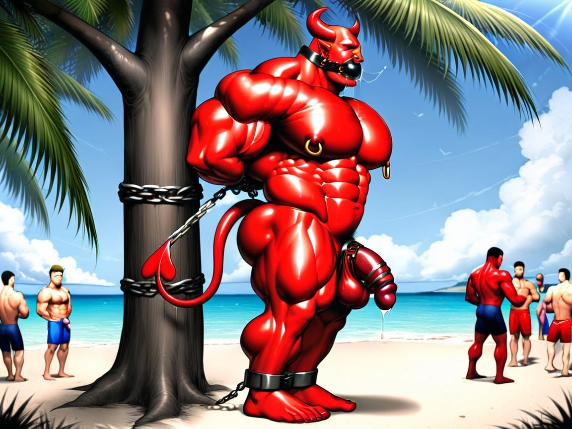 Nose Ring, Large Nipple Rings, Large Penis In Large Chastity Cage Furry AI Porn