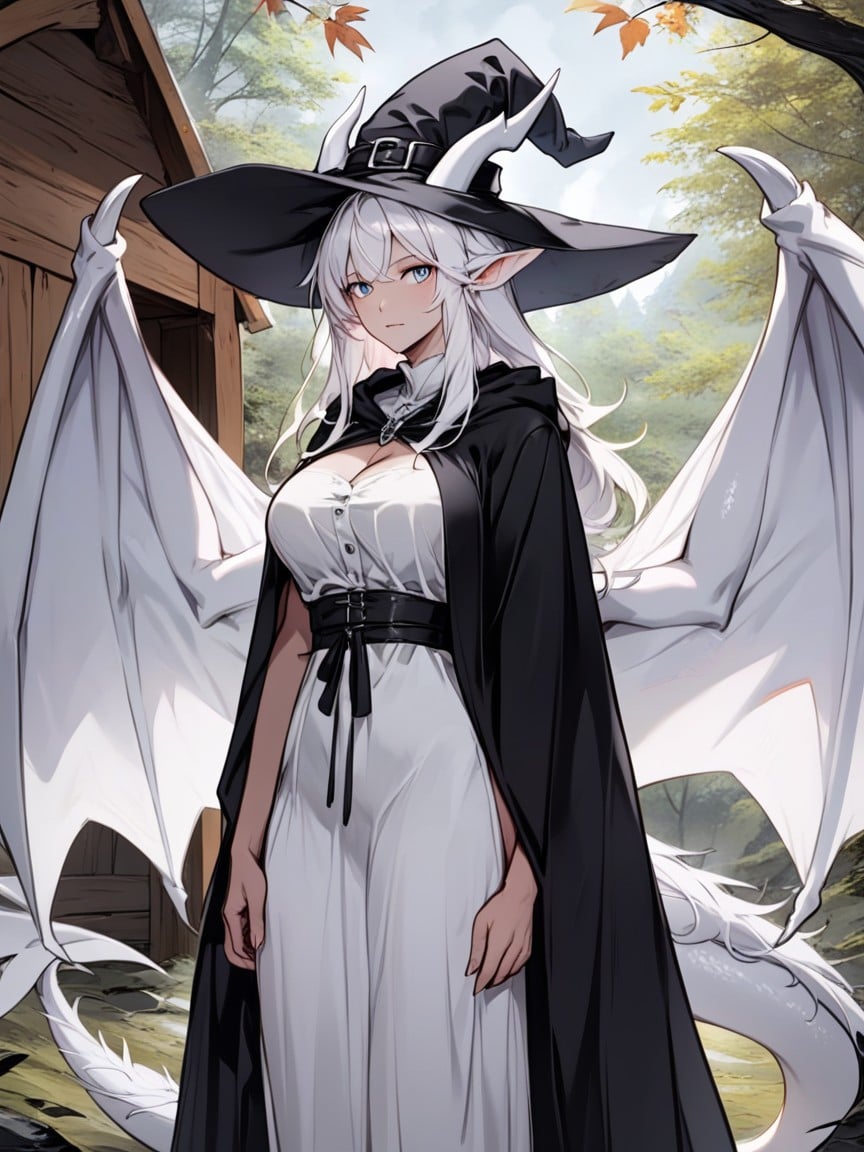 Medieval, Loose White Witches Robe, Black Hooded Cape AI Porn
