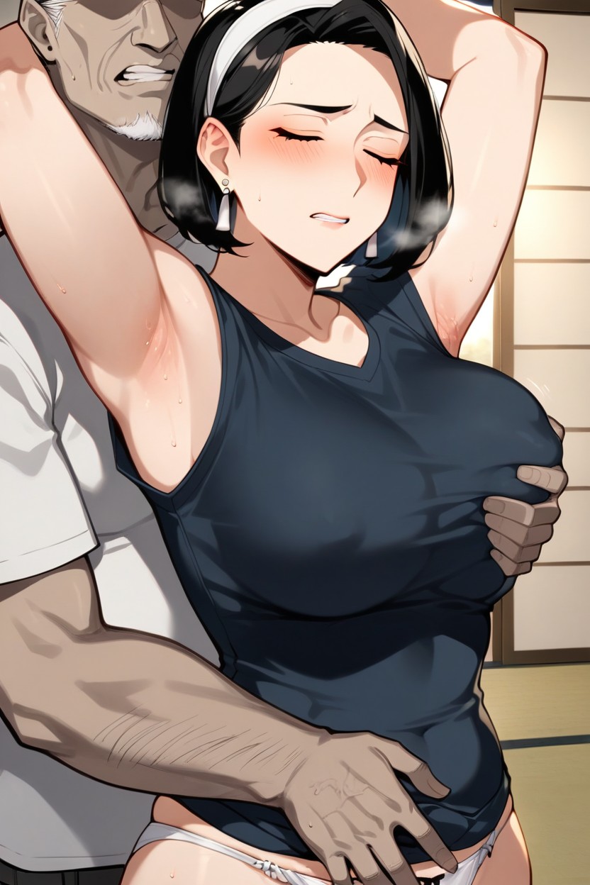 Black Hair Woman, Her Arms Awkwardly Hold Man's Hands, Darker Blurred Background Hentai AI Porn