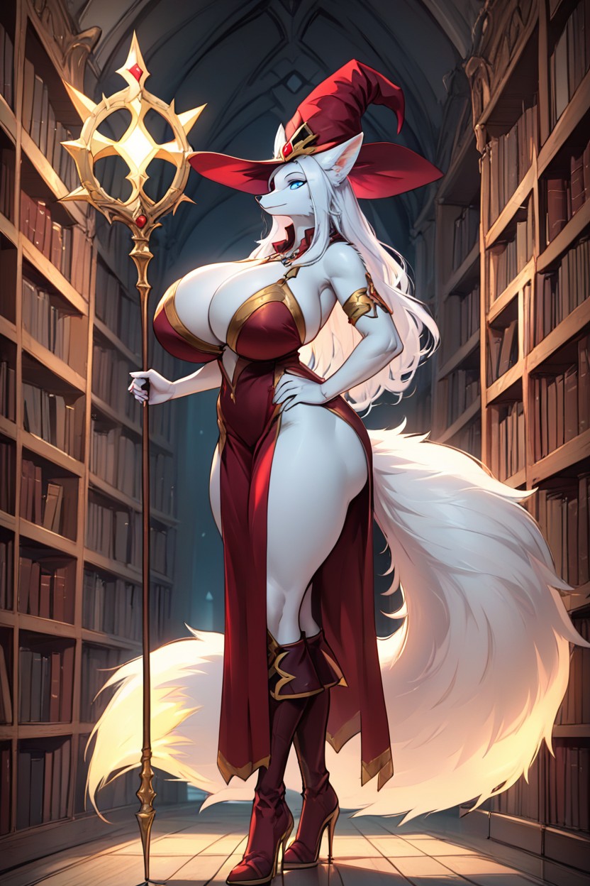 Library, Long White Hair, Absurt Realistic Furry AI Porn