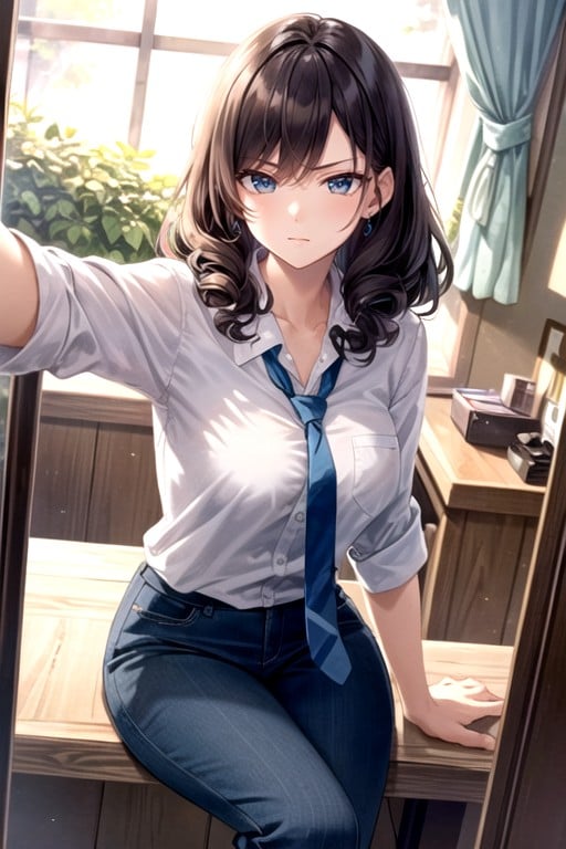 Matching Blue Trousers, Wearing A Crisp White Dress Shirt, Sitting With A ConfidentAIポルノ