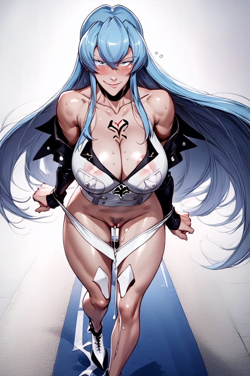 Esdeath Akame Ga Kill With Light Blue Hair, Cleavage, Excessively Dripping Pussywithexcessive Amounts Of Squirt Running Down Legs AI Porn