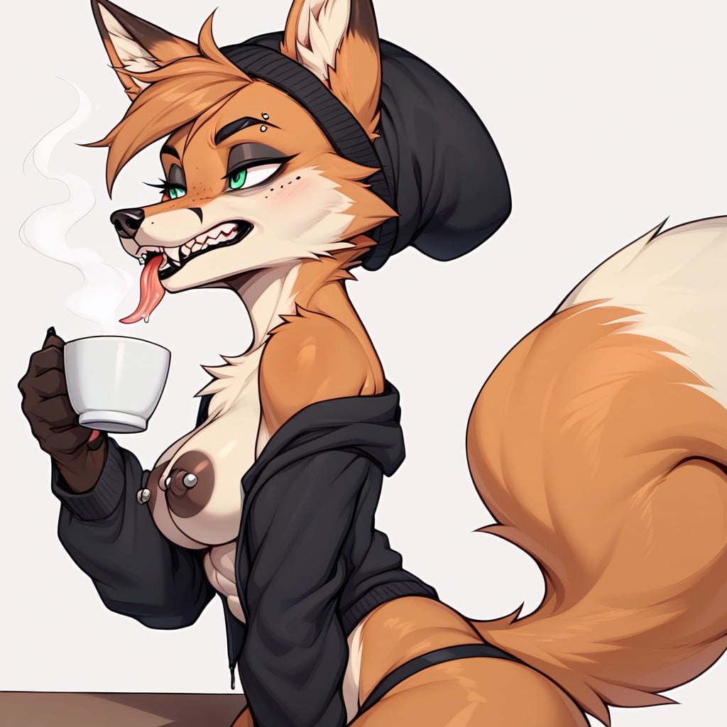 En Forma, Black Avian Talons, Anthropomorphic Fox Getting A Cup Of Coffee Furry IA