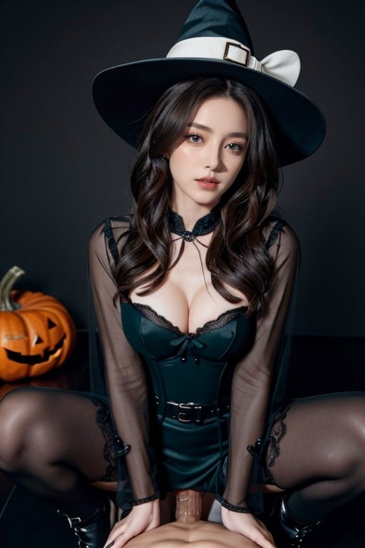 Subtle Makeup With Dark Eyeliner, The Image Features Two Women Dressed In Halloween Costumes Both Women Are Wearing Witch Outfits, 女上位AI黄片