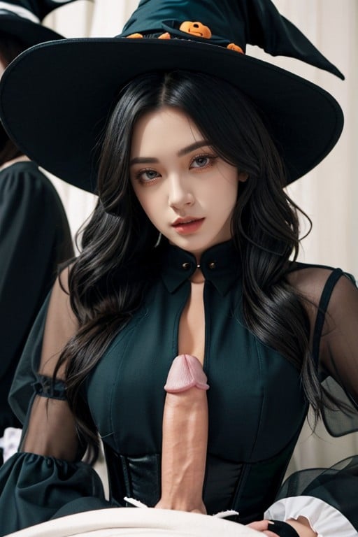 And Sheer Black Floral-patterned Sleeves Black And White Striped Stockings Hat Black Witch Hat With Teal And Black Accents Face And Hair Long Light Brown Hair, 젖치기 (1인칭), Subtle Makeup With Dark EyelinerAI 포르노