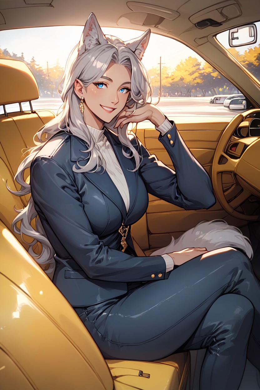 Outfit, Smile, Sitting In The Exterior Of A Yellow CarPorno AI