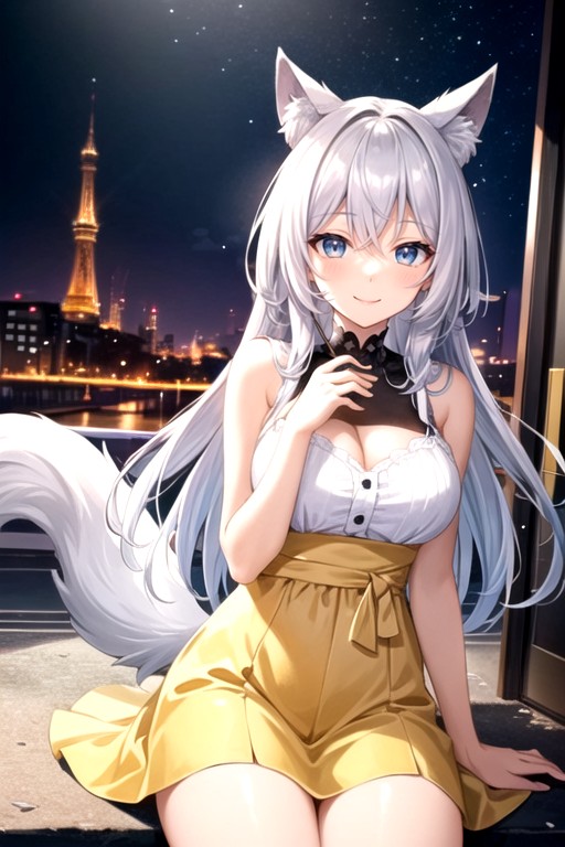 Anime Husky Girl, Outfit, Sitting In The Exterior Of A Yellow Car AI Porn