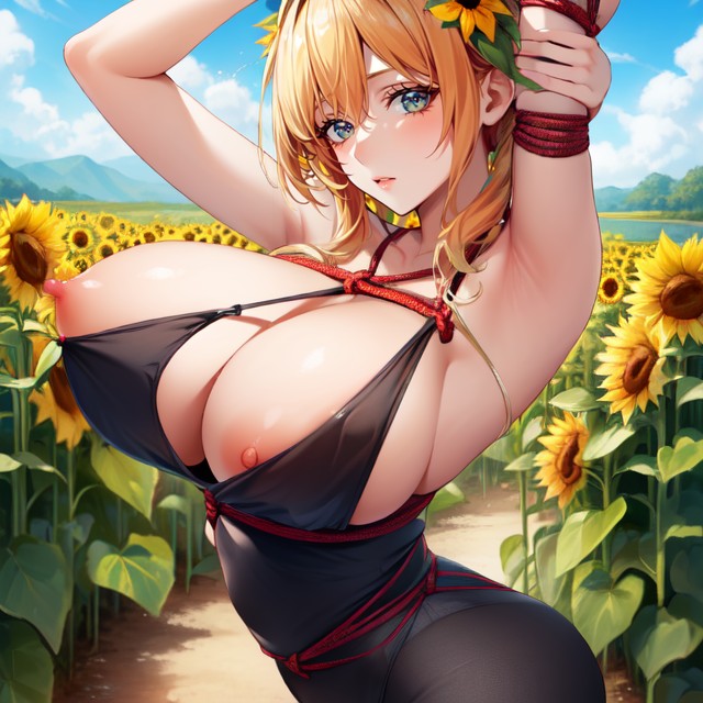 Sunflower Field, Arms Up, Massive Breast AI Porn