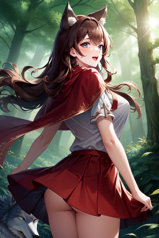 Forest, Red Short Skirt, Walking At The Edge Of A Forest AI Porn
