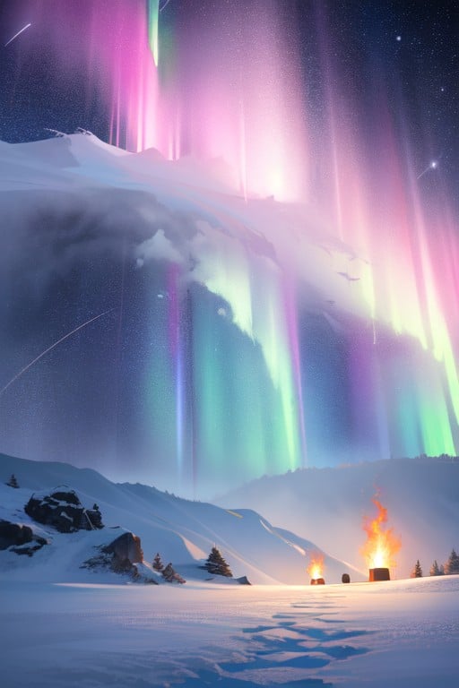 Stars Peeking Through The Aurora Borealis, Panoramic View, Shooting Stars TwinklePorno AI